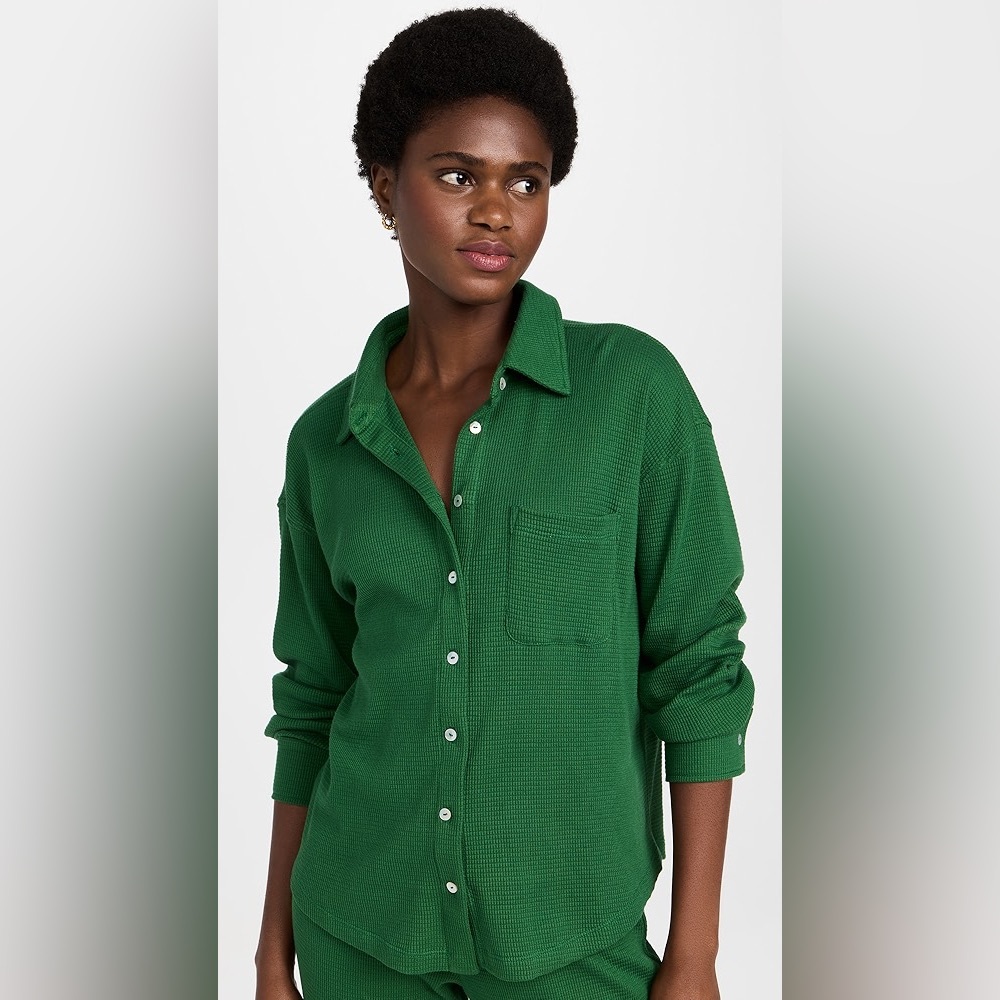 DONNI. Thermal Waffle knit Button Down in green size S